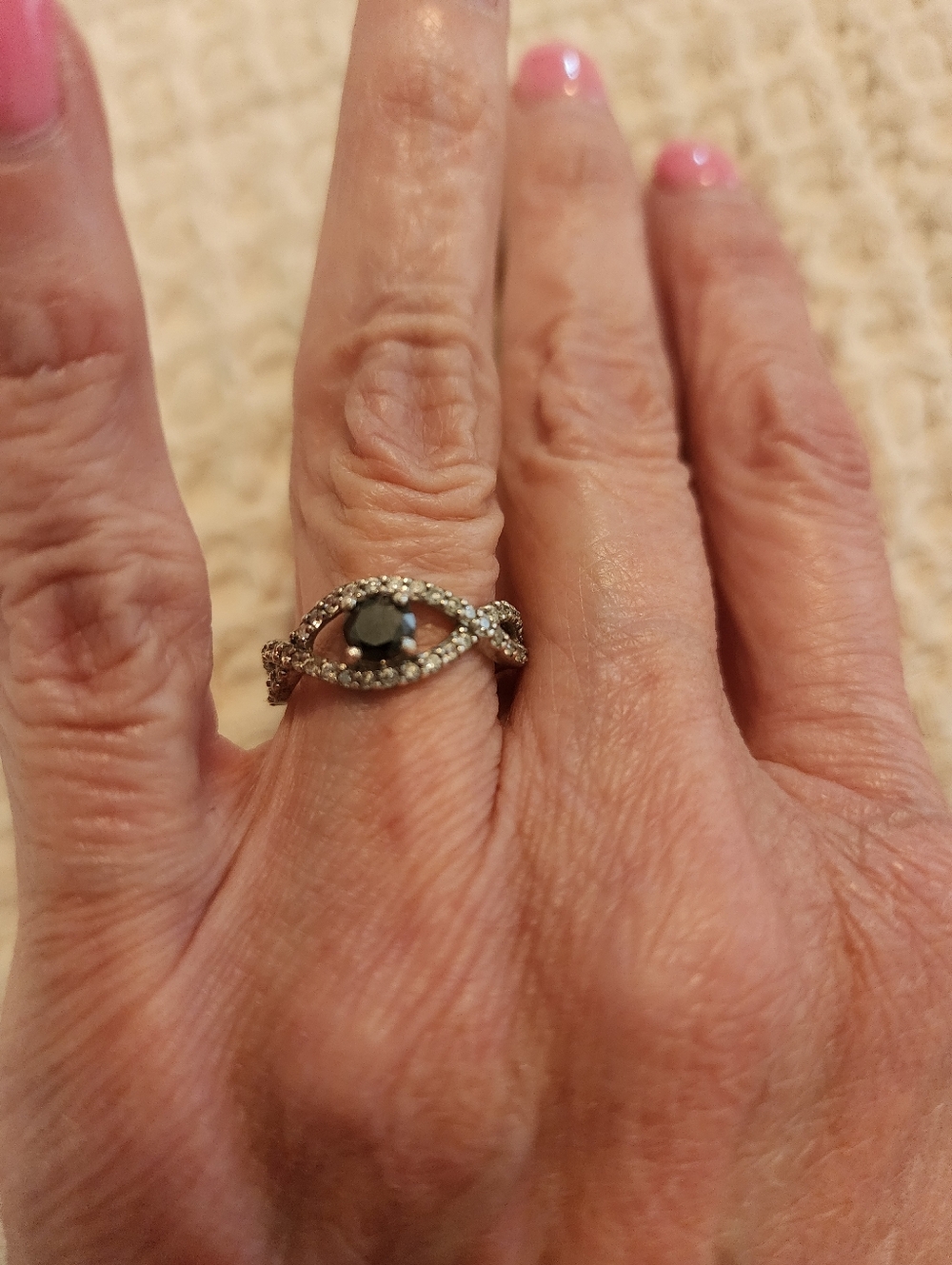 Sterling Silver Black Stone Halo Twist Ring Size 7